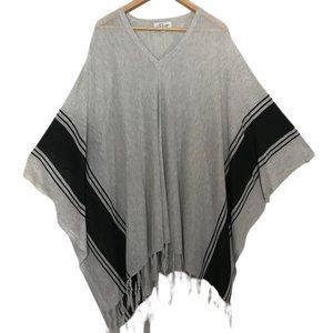 Fringe Benefits Women's Light Gray/Black Stripe V Neck Fringe Trim Poncho O/S